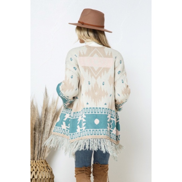 SOLD OUT Taupe Teal Bell Sleeve Aztec Western Tribal Fringe Knit Boho Cardigan - Picture 10 of 10